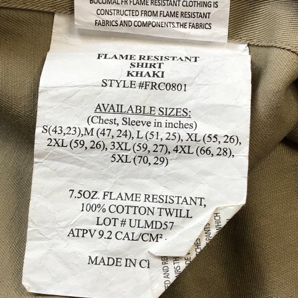 BOCOMAL‎ 7.5oz FR Flame Resistant Shirt Men's Sz 2XL Khaki 100% Cotton NFPA2112 - Picture 8 of 16